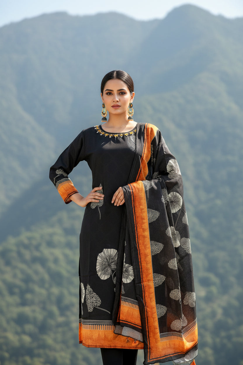 BLACK CHINNON SILK KURTHI SET WITH INTRICATE HANDWORK