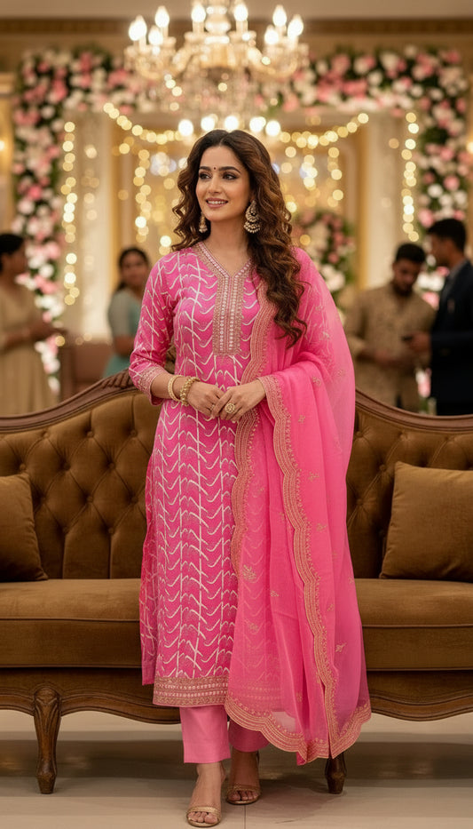 PREMIUM BANDHANI PRINT KURTHI WITH ORGANZA DUPATTA – V-NECK STYLE