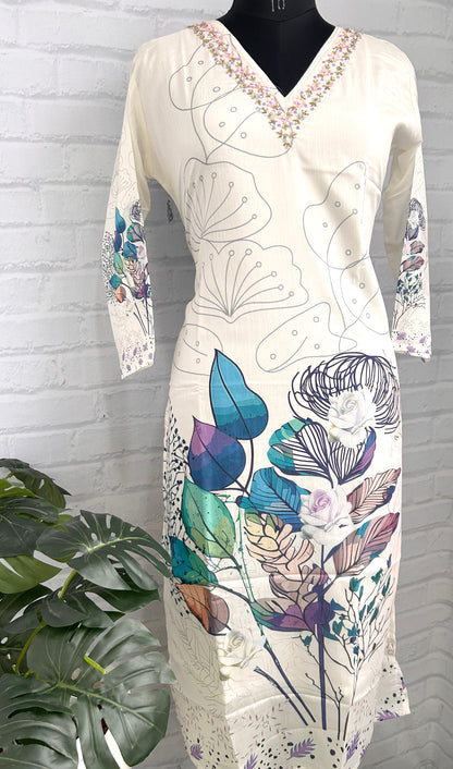 ELEGANT WHITE CHINNON KURTHI – V-NECK EMBROIDERY