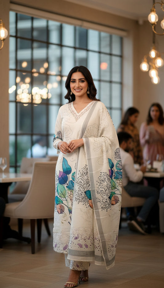 ELEGANT WHITE CHINNON KURTHI – V-NECK EMBROIDERY