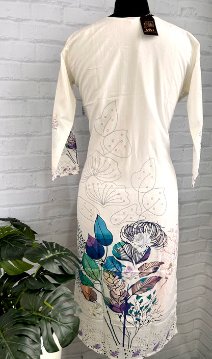 ELEGANT WHITE CHINNON KURTHI – V-NECK EMBROIDERY