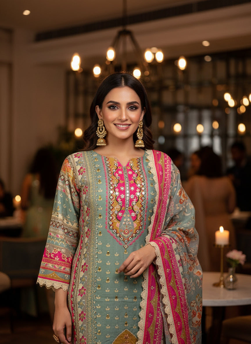 PREMIUM SILK KURTHI WITH HEART-SHAPED NECK HANDWORK & BEADS