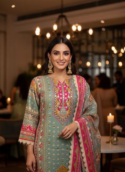 PREMIUM SILK KURTHI WITH HEART-SHAPED NECK HANDWORK & BEADS