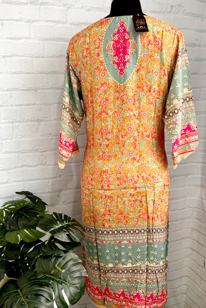 PREMIUM SILK KURTHI WITH HEART-SHAPED NECK HANDWORK & BEADS