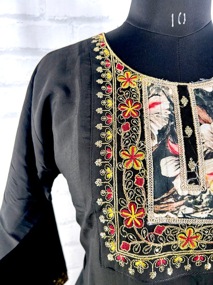 ELEGANT BLACK ROMAN SILK EMBROIDERED KURTHI SET – LUXE MEETS TRADITION