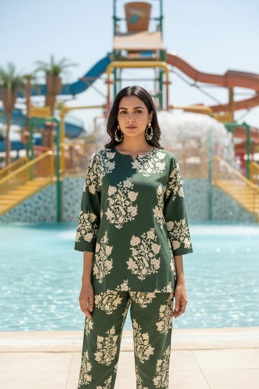 FLORAL CO-ORD SET IN PREMIUM COTTON WITH HEART-SHAPED NECK