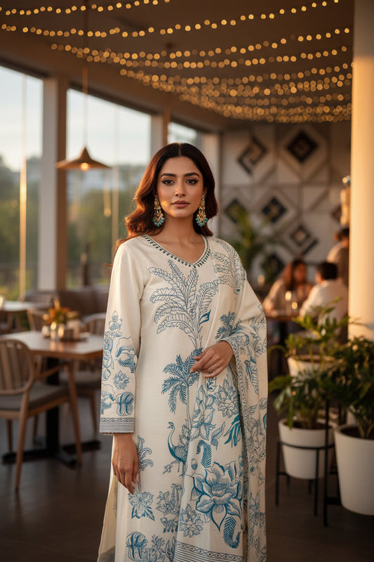 CLASSIC WHITE RAYON COTTON KURTHI – U-NECK HANDCRAFTED