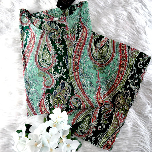 ELEGANCE PISTA GREEN EMBROIDERY WORK PRINT CO-ORD SET