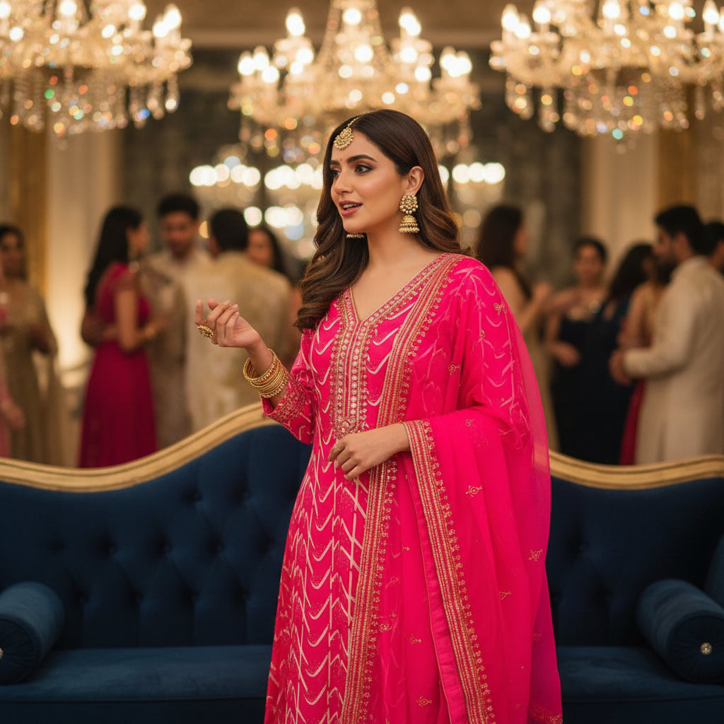 PREMIUM BANDHANI PRINT KURTHI WITH ORGANZA DUPATTA – V-NECK STYLE