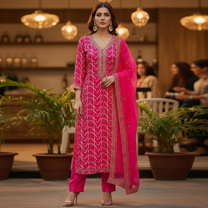 PREMIUM BANDHANI PRINT KURTHI WITH ORGANZA DUPATTA – V-NECK STYLE