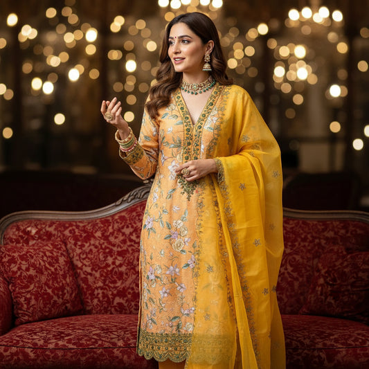 PREMIUM HANDCRAFTED MULMUL COTTON V-NECK SUIT SET