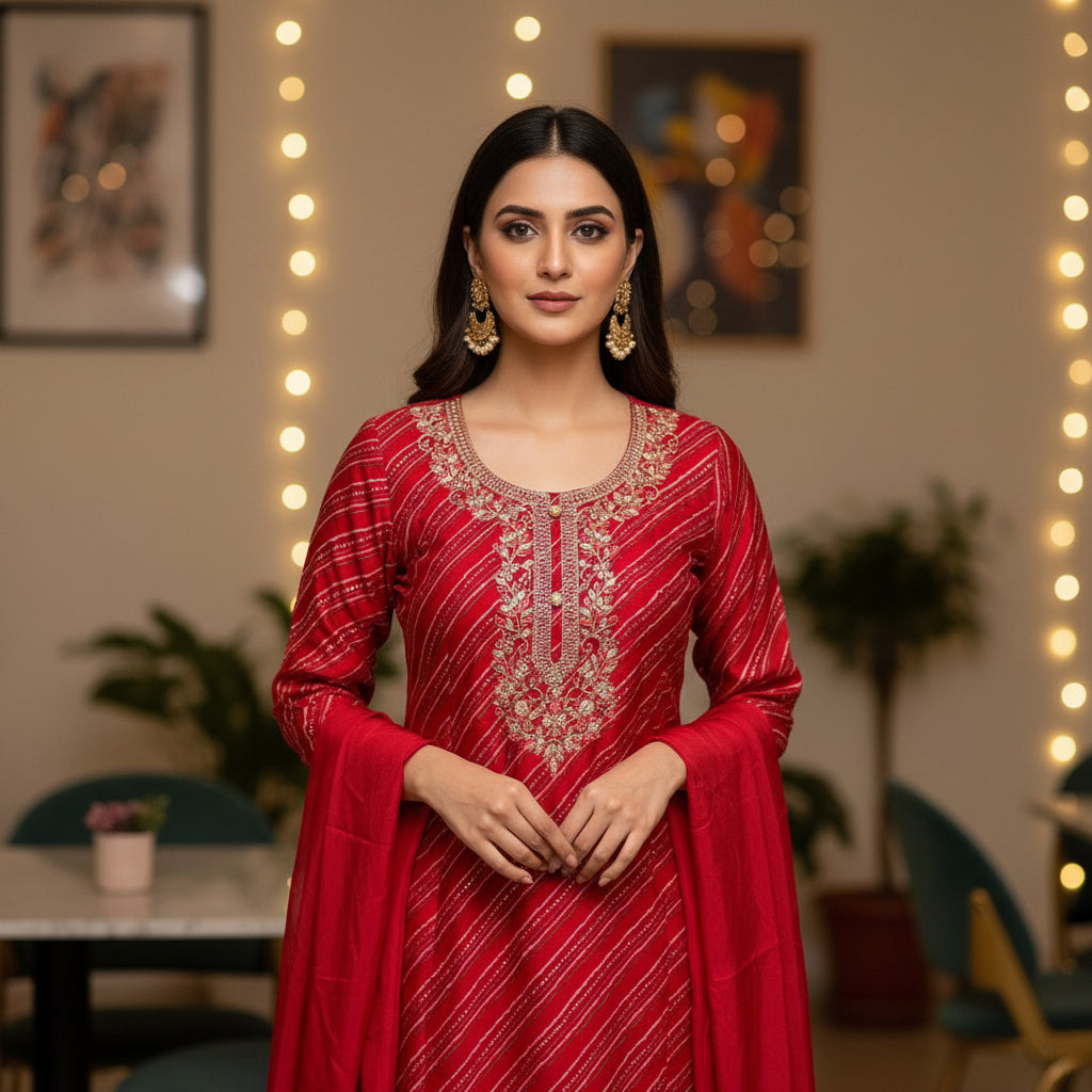 PREMIUM COTTON HEART SHAPE HANDWORK KURTHI – RED