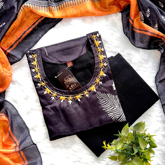 BLACK CHINNON SILK KURTHI SET WITH INTRICATE HANDWORK
