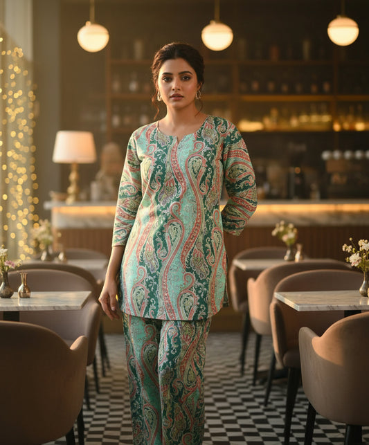 ELEGANCE PISTA GREEN EMBROIDERY WORK PRINT CO-ORD SET
