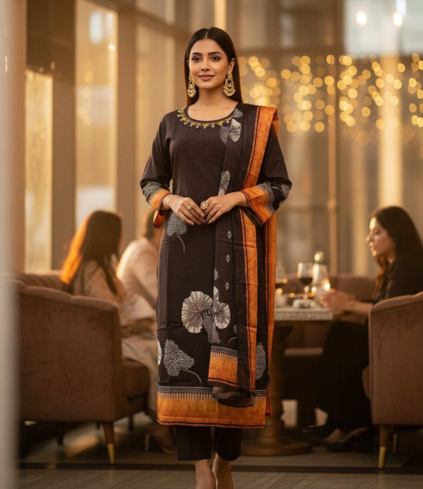 BLACK CHINNON SILK KURTHI SET WITH INTRICATE HANDWORK