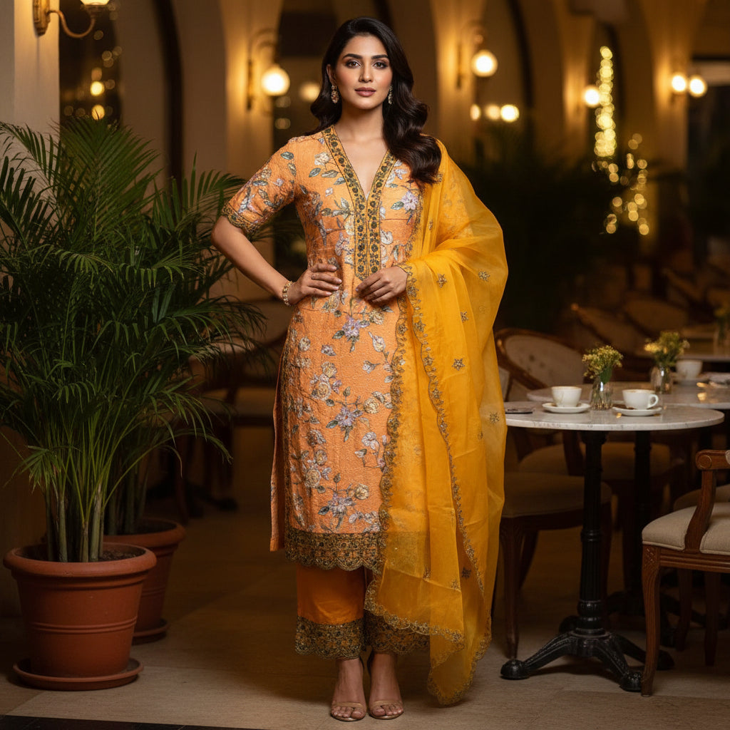 PREMIUM HANDCRAFTED MULMUL COTTON V-NECK SUIT SET