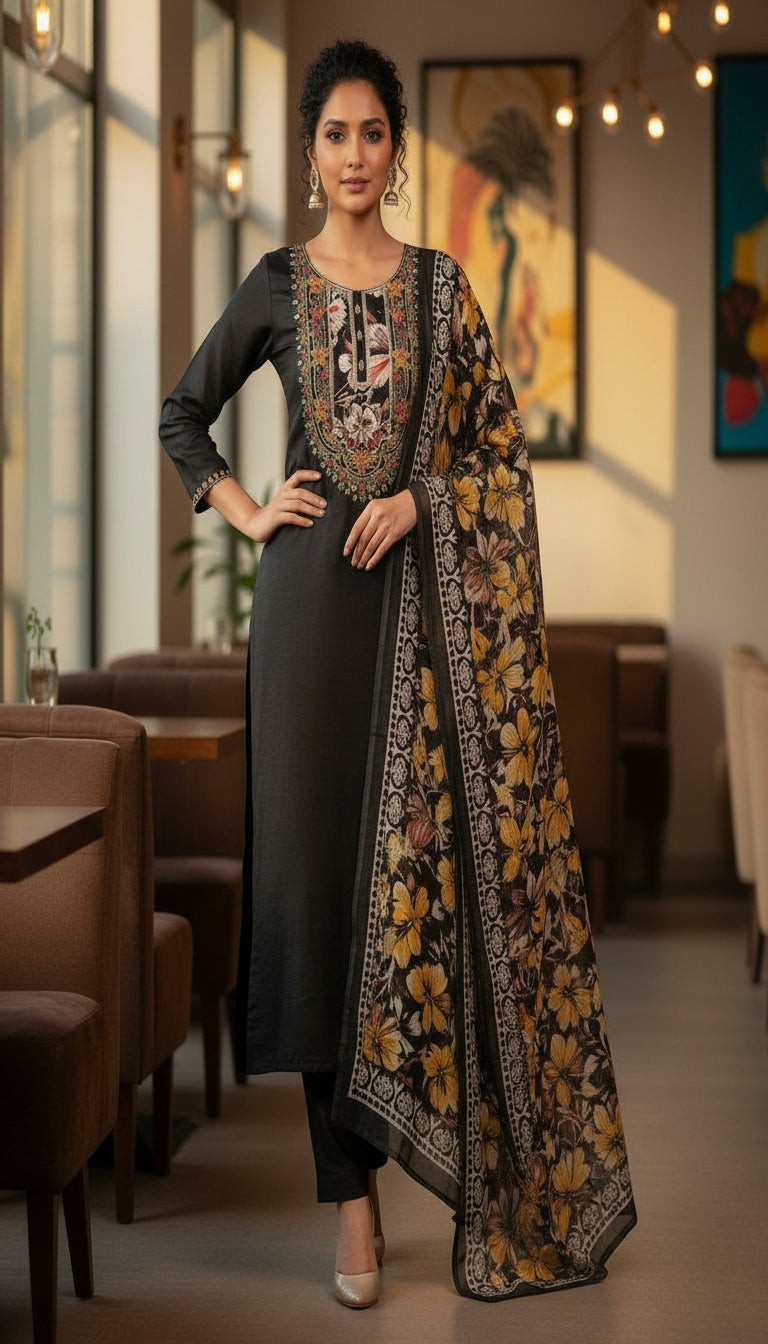 ELEGANT BLACK ROMAN SILK EMBROIDERED KURTHI SET – LUXE MEETS TRADITION