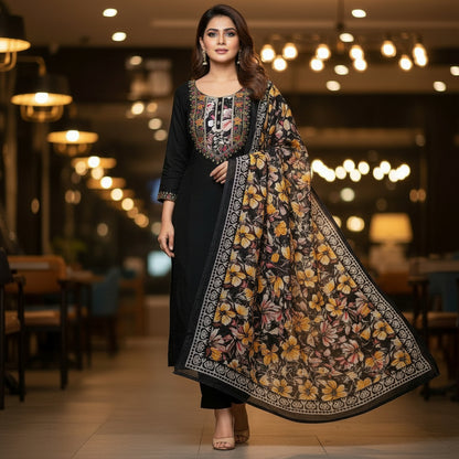 ELEGANT BLACK ROMAN SILK EMBROIDERED KURTHI SET – LUXE MEETS TRADITION