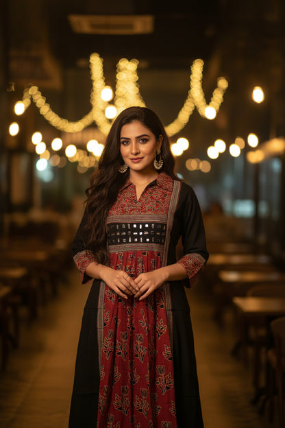 URBAN DESI OCCASIONAL WEAR – BLACK MIRROR WORK PANEL KURTHI