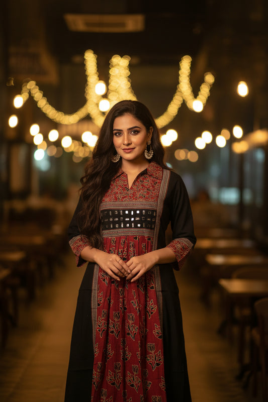 URBAN DESI OCCASIONAL WEAR – BLACK MIRROR WORK PANEL KURTHI